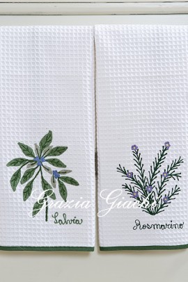 Asciugamano Cucina Salvia e Rosmarino Ricamato Cotone