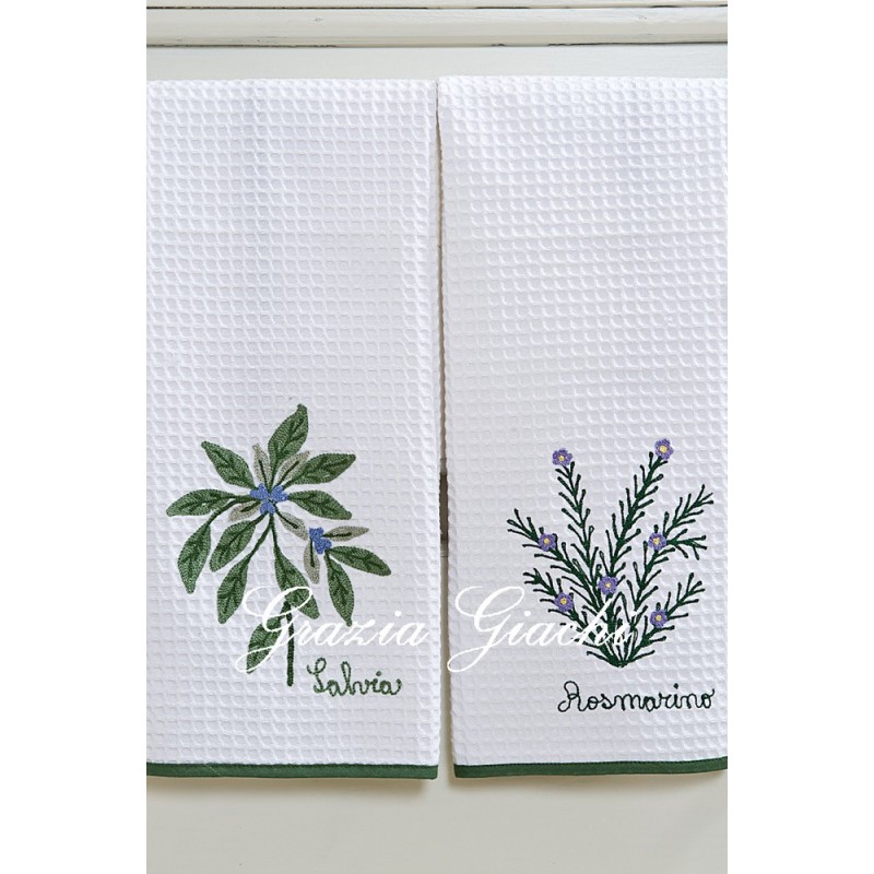 Asciugamano Cucina Salvia e Rosmarino Ricamato Cotone